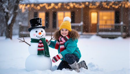 A cheerful little girl happily building a snowman in the snowy backyard of her cozy winter house with festive lightsの素材