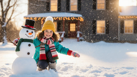 Adorable little girl building a snowman with house in snowy winter background joyful childhood happinessの素材
