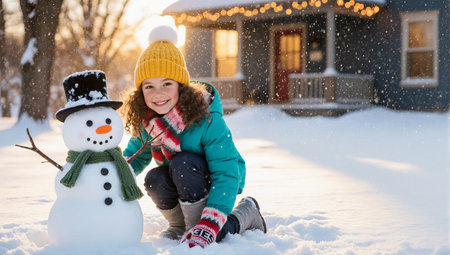 A cheerful little girl happily building a snowman in the snowy yard of her cozy home during winter holidaysの素材