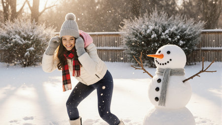 Young woman having fun near snowman in winter park outdoorsの素材