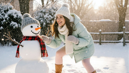 A joyful young woman having fun building a snowman in a snowy winter landscape on a beautiful sunny dayの素材