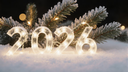 Glowing numbers two zero two six surrounded by winter fir branch and lightsの素材