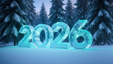 Ice two numbers zero two six in snowy forest winter landscape conceptの素材