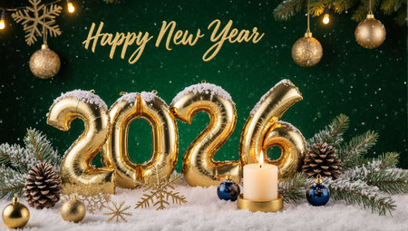 Golden balloons number two zero two six celebrating new year festive background with decorationsの素材