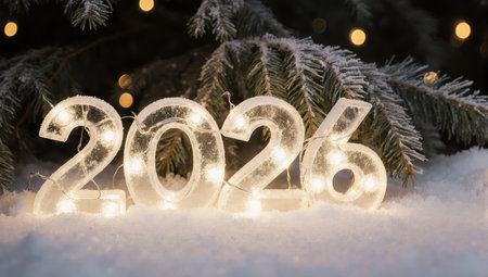 Bright illuminated new year numbers two thousand twenty six in the snowの素材
