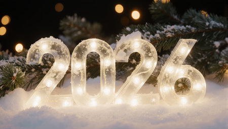 Bright illuminated numbers two zero two six in snowy winter landscape with festive lightsの素材