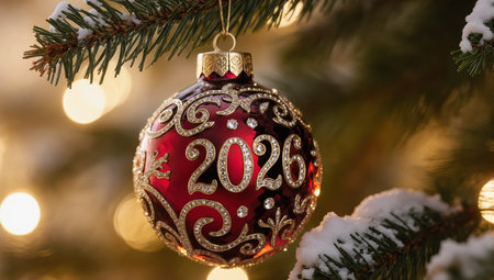 Festive red christmas ornament with golden numbers two zero twenty six hanging on evergreen branchの素材