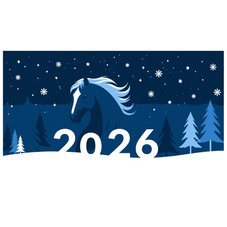 Majestic horse silhouette against winter night sky with year 2026 celebrationのイラスト素材