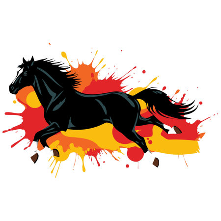 Majestic black horse running through colorful paint splashes design artworkのイラスト素材