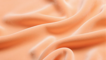 A luxurious peach colored silk fabric with gentle waves and soft folds for fashion design or background textureの素材