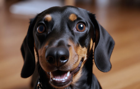 Adorable black and tan dachshund puppy with a happy expression looking directly at the camera close up portraitの素材