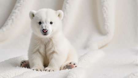 Adorable polar bear cub sitting on a soft white blanket in studio setting looking at cameraの素材