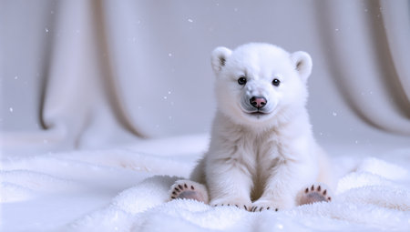 A charming polar bear cub sitting on a soft white blanket in a winter wonderland setting with gentle snowflakes fallingの素材