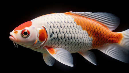 A stunning close up of a beautiful Japanese koi fish swimming gracefully against a dark backgroundの素材