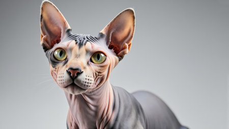 A charming sphynx cat with green eyes looking up on a gray background studio portraitの素材