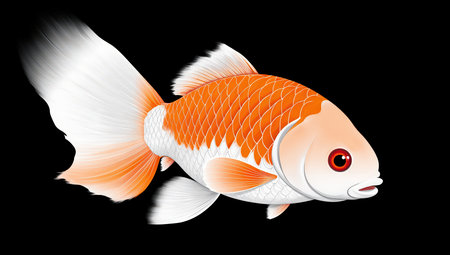 A beautiful orange and white goldfish swimming gracefully in a dark environment with detailed scales and finsの素材