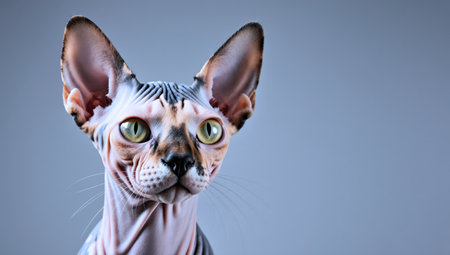 A stunning portrait of a beautiful sphynx cat with expressive green eyes looking directly at the camera on a blue backgroundの素材
