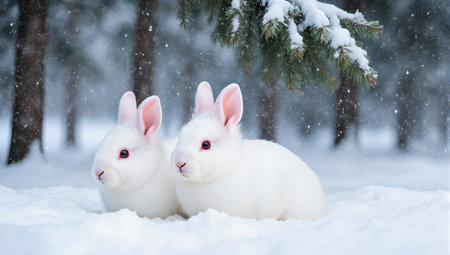 Two adorable white rabbits sitting in a snowy forest during winter season with falling snowflakes and evergreen branchesの素材