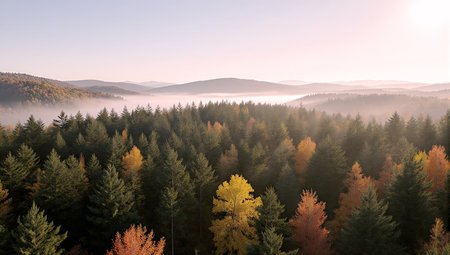 Foggy morning in the autumn forest. View from above.の素材