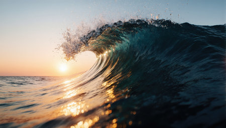 Blue ocean wave with splashes at sunset. Close-up viewの素材