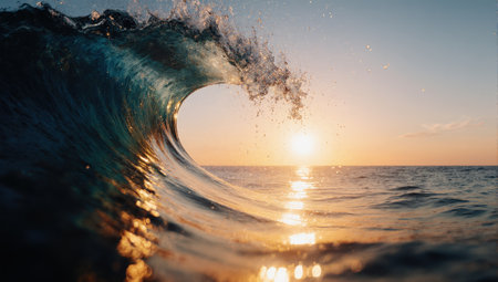 Ocean wave with splashes and sun rays at sunset or sunrise timeの素材