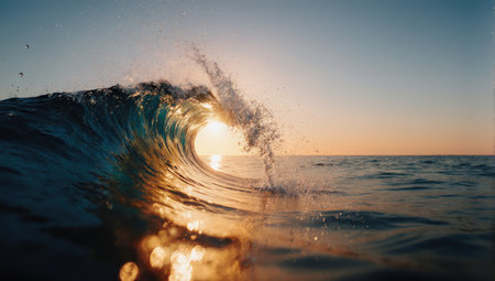 Ocean wave breaking on the beach at sunset time. Close up viewの素材