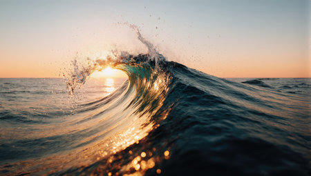 Ocean wave at sunset with splashes of water and sunbeamsの素材