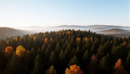 Aerial view of autumn forest with fog. Beautiful nature landscape.の素材
