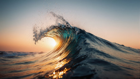 Ocean wave breaking on the shore at sunset. Blue sky background.の素材
