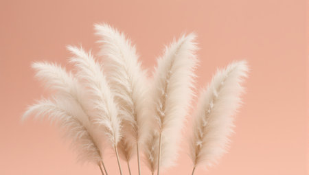 Delicate pampas grass arrangement on a soft peach background for modern interior design and neutral wedding decorの素材