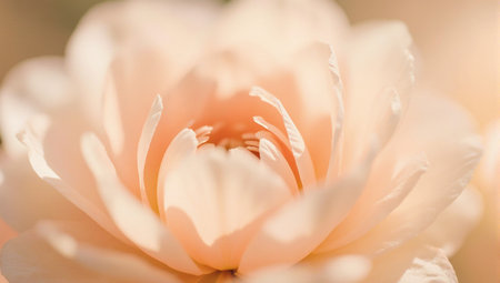 A delicate peach colored peony in full bloom close up with soft natural lightの素材