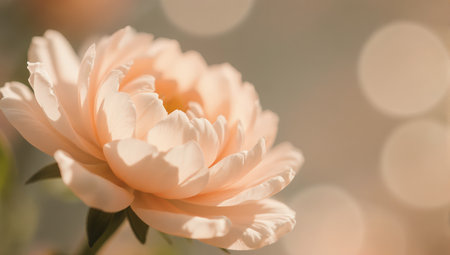 Delicate peach colored peony blossom in soft sunlight close up with blurred backgroundの素材