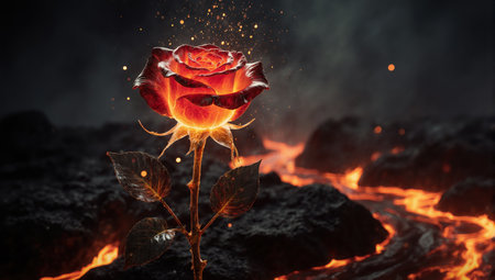 A single red rose blooming amidst volcanic lava rocks with glowing embers and dark smoky backgroundの素材