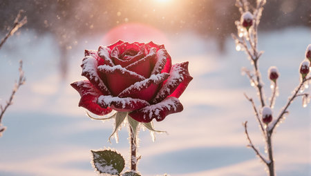 A stunning red rose covered in delicate frost against a serene winter background with sunbeams shining through the branchesの素材