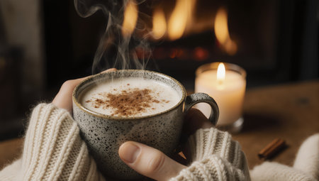 Warm hands holding a ceramic mug of hot beverage with cinnamon near fireplace and burning candleの素材