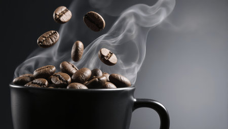 Aromatic freshly roasted coffee beans falling into a black cup with rising steam on dark backgroundの素材