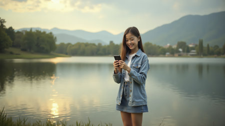 Young woman enjoying smartphone near beautiful lake at sunset outdoors lifestyle conceptの素材