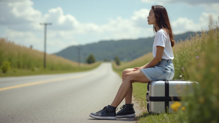 Young woman thoughtfully waiting on roadside with vintage suitcase during summer travel adventureの素材