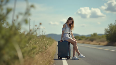 Young woman sitting on roadside with suitcase waiting for transportation during summer travelの素材