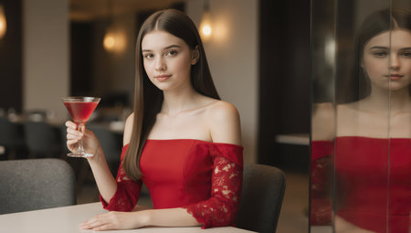 Elegant woman enjoying a red cocktail in a luxurious restaurant interior with mirrored reflectionの素材