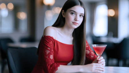 Young beautiful woman enjoying a refreshing cocktail in a stylish restaurant interiorの素材