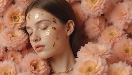 Portrait of a beautiful young woman with golden make-up and flowers on her faceの素材