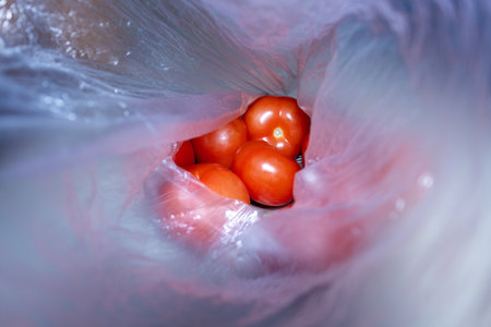 Bright red tomatoes inside a transparent plastic bag with pinkish light effectの写真素材