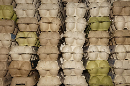 A large stack of cardboard egg trays in a dark storage room waiting for fresh produce distribution