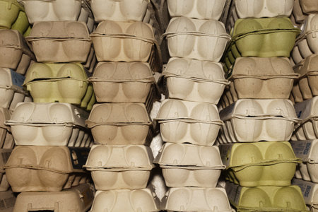 A large pile of cardboard egg containers stacked on top of each other in a dark warehouse