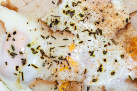 Delicious fried egg on toasted bread with herbs and spices for a healthy breakfast