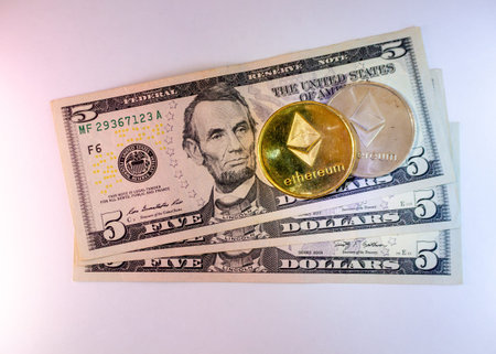 Ethereum Cryptocurrency And Five Us Dollars Bills Financial Concept