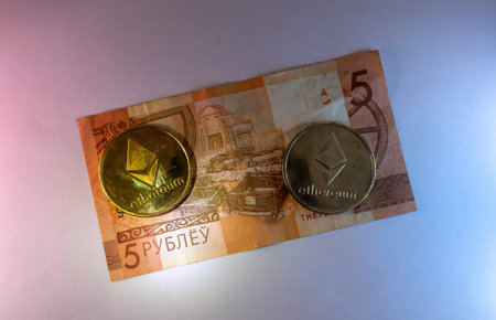 Ethereum Cryptocurrency On Russian Five Rubles Banknote Financial Conceptのeditorial素材