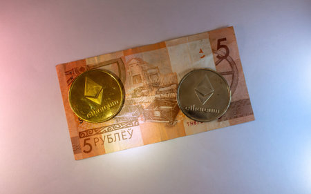 Ethereum Cryptocurrency Investment Alongside Russian Five Ruble Banknote Financial Conceptのeditorial素材