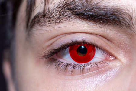 A stunning portrait of a human eye with vibrant red contact lenses for halloween and special effects